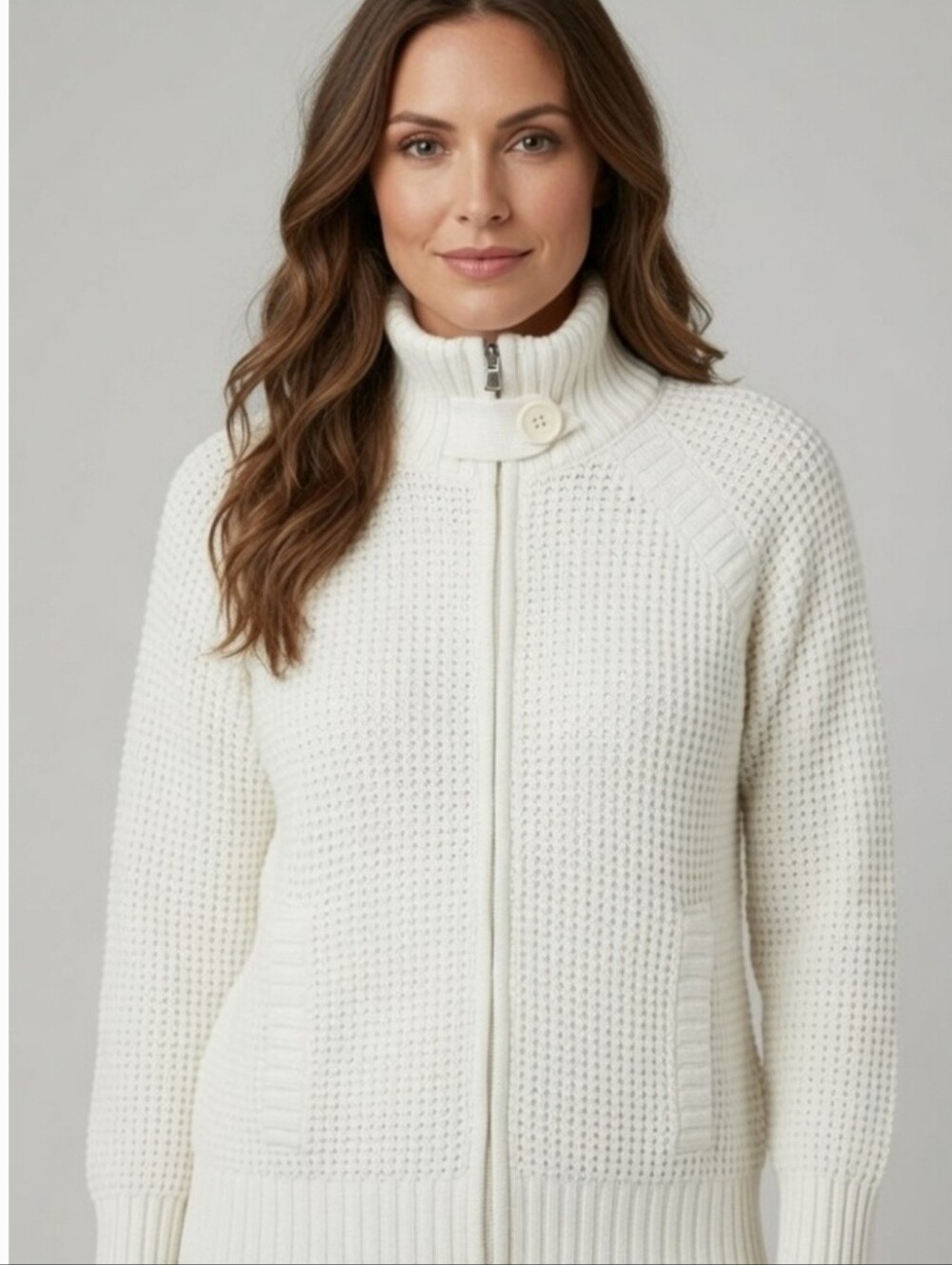 Banana Republic Womens Medium Cream Chunky Waffle Knit Full Zip Sweater Cardigan
